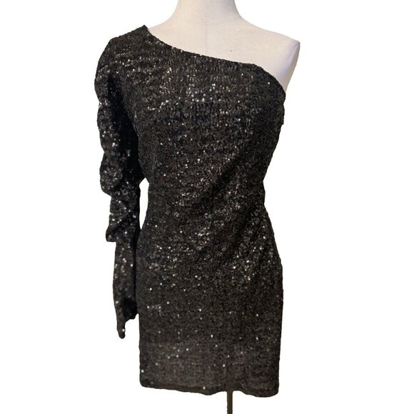 Spring & Mercer Dress Large Black Sequin One Sleeve Party Wedding Cruise NEW - Picture 1 of 14